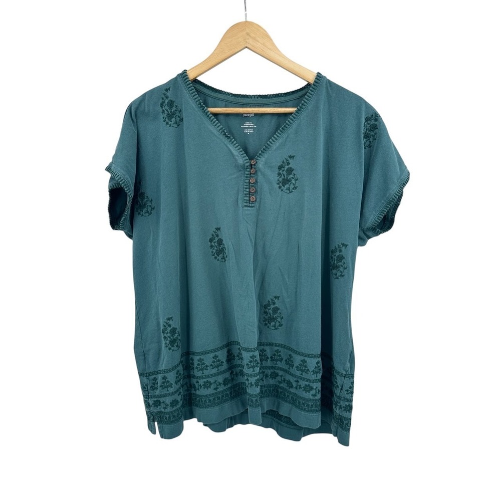 J. Jill Pure Jill Floral Embroidered Button V-Neck  Tee Size M Boho Coastal
